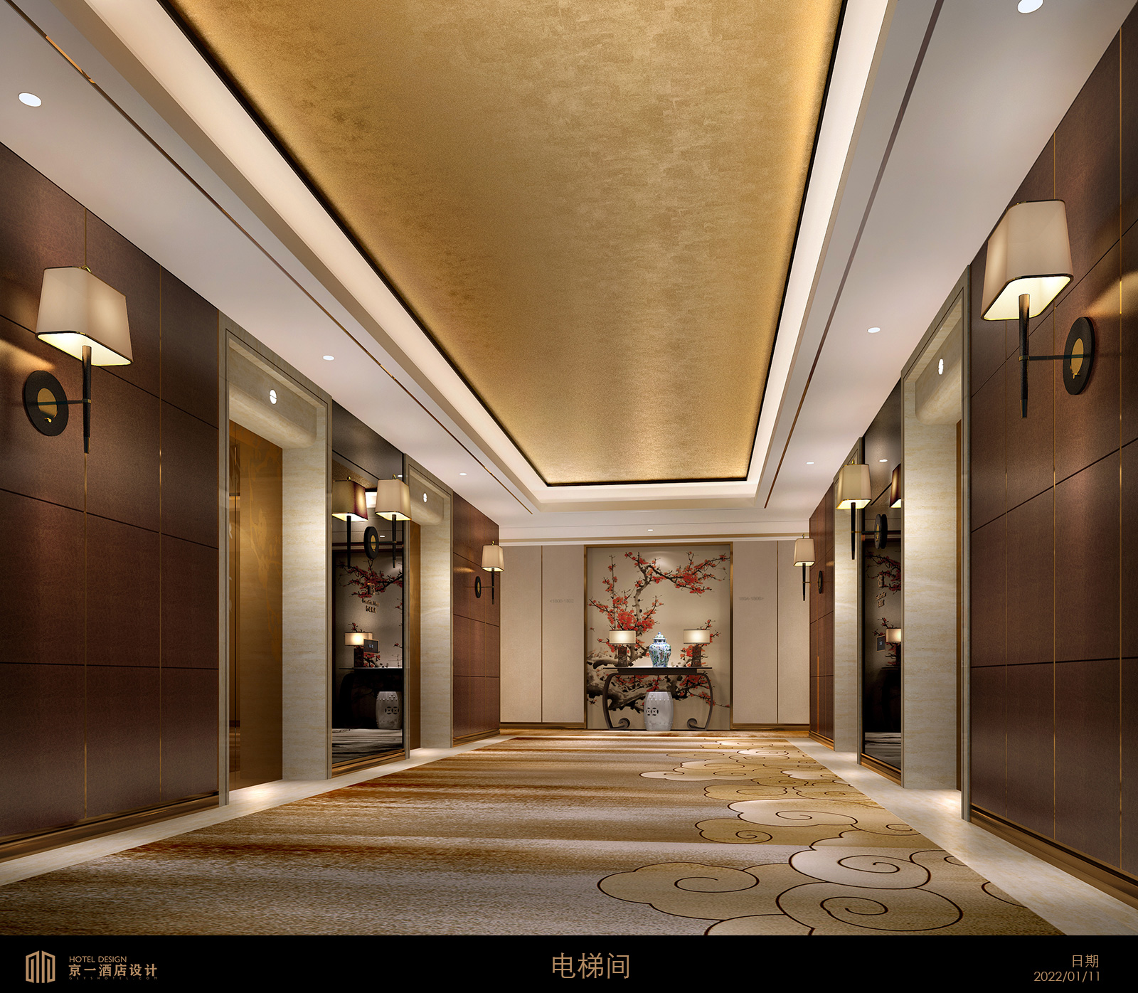 中式酒店电梯间设计方案 — 第1张