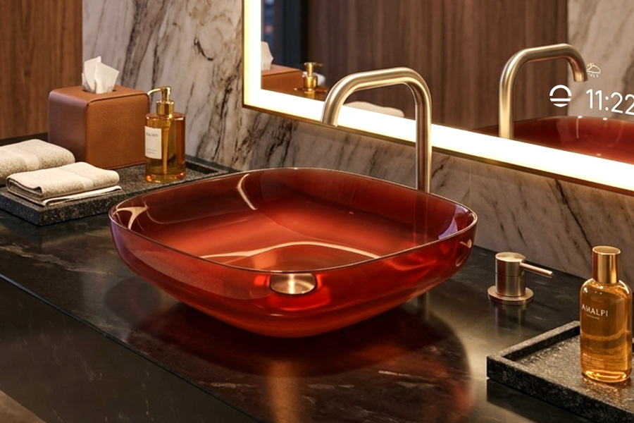 酒店定制款红色树脂长方形台上盆