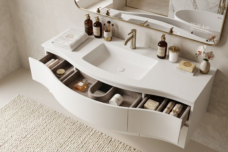 人造壁式浴室柜光白安装实景图