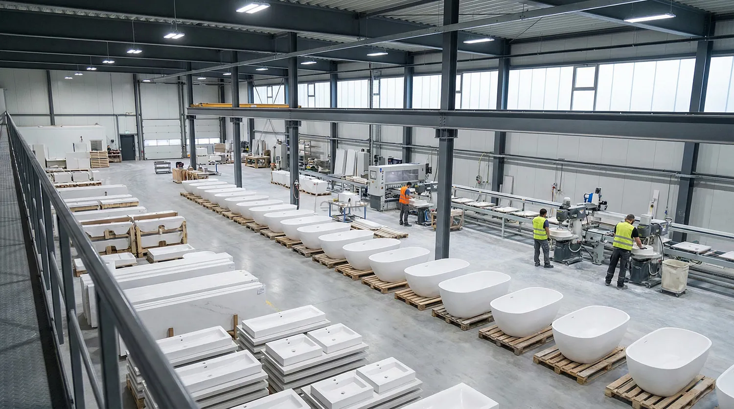 石英石与人造石洗手台性能对比实拍，展示不同材质的表面质感差异