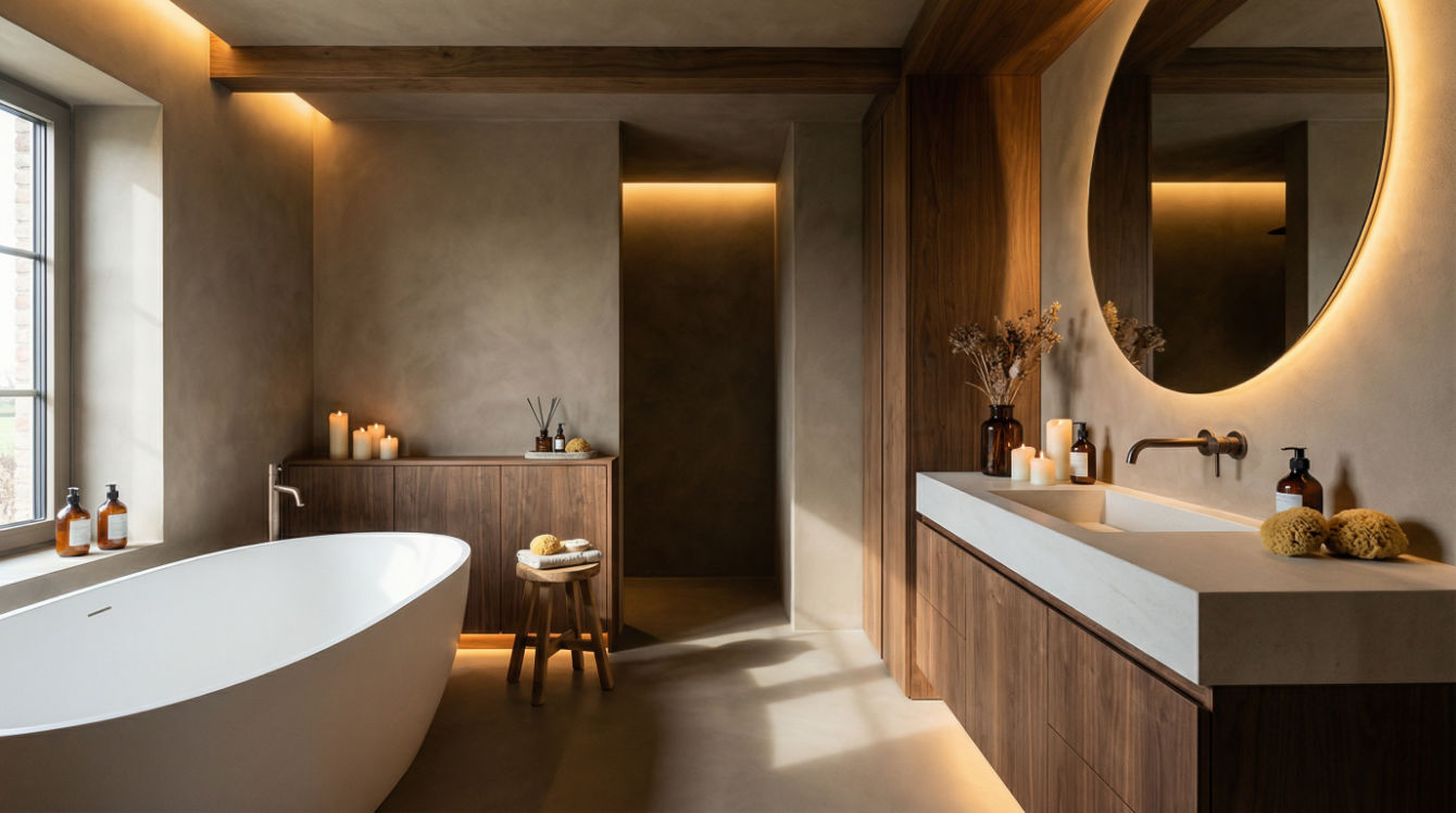 现代风格酒店浴室设计:人造石浴缸与木质元素的完美结合