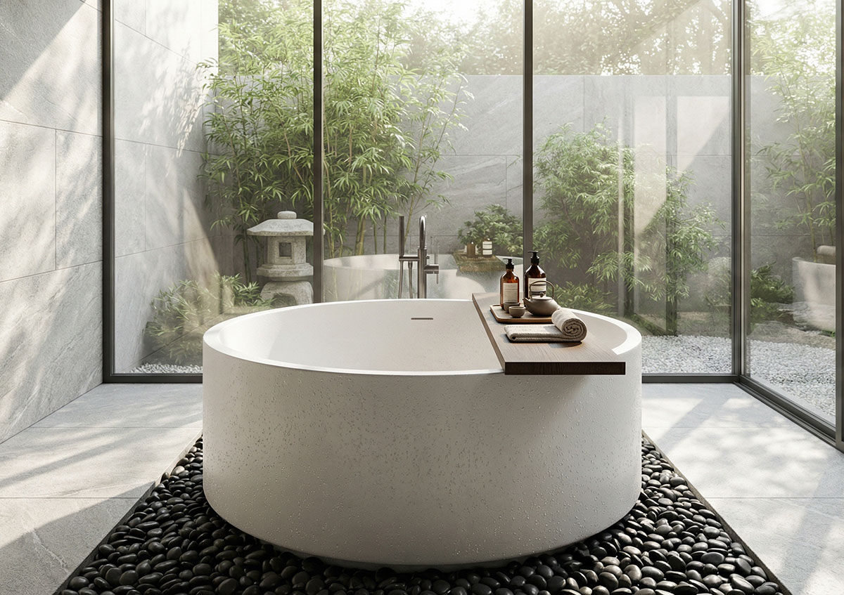 可丽耐浴缸定制：圆形浴缸如何打造禅意酒店空间 — OLEARY人造石卫浴